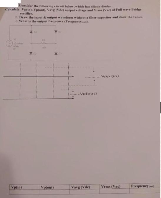 Consider the following circuit below, which has silicon diodes. Calculate :Vp(in), Vp(out), Vavg (Vdc) output