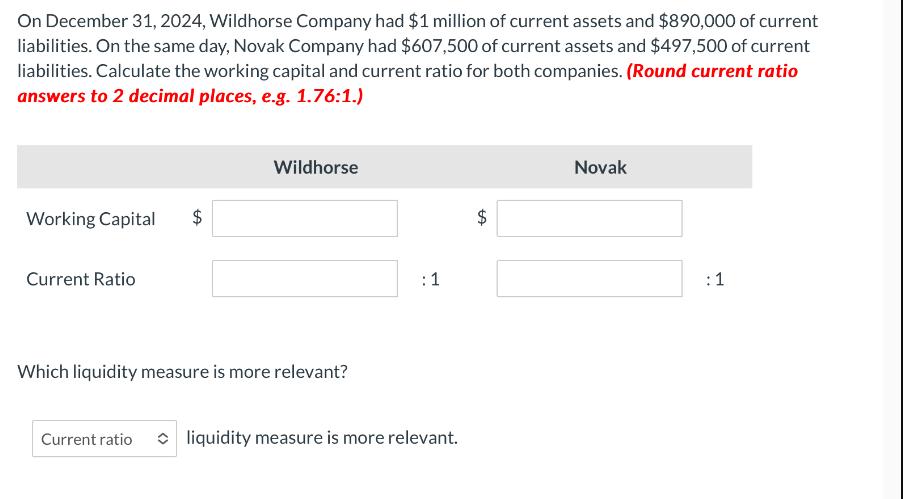 On December 31, 2024, Wildhorse Company had $1 million of current assets and $890,000 of current liabilities.