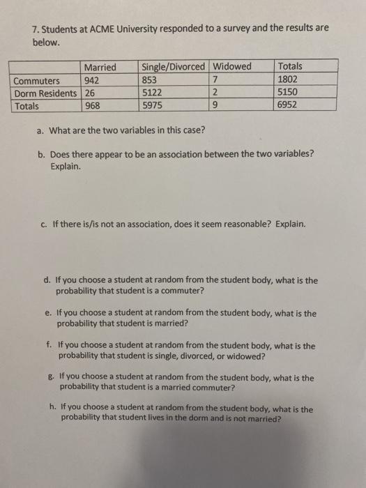 7. Students at ACME University responded to a survey and the results are below. Commuters Dorm Residents