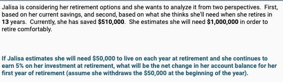 Jalisa is considering her retirement options and she wants to analyze it from two perspectives. First, based