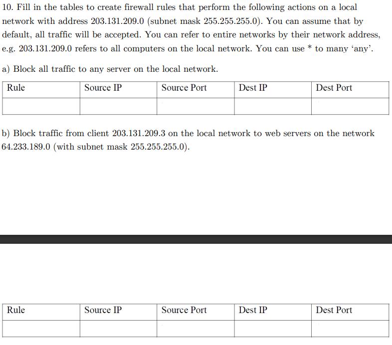 10. Fill in the tables to create firewall rules that perform the following actions on a local network with