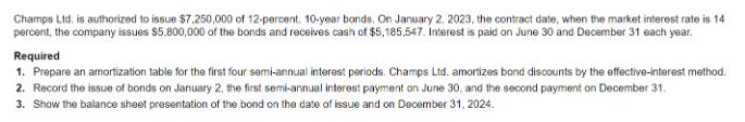Champs Ltd. is authorized to issue $7,250,000 of 12-percent, 10-year bonds. On January 2, 2023, the contract