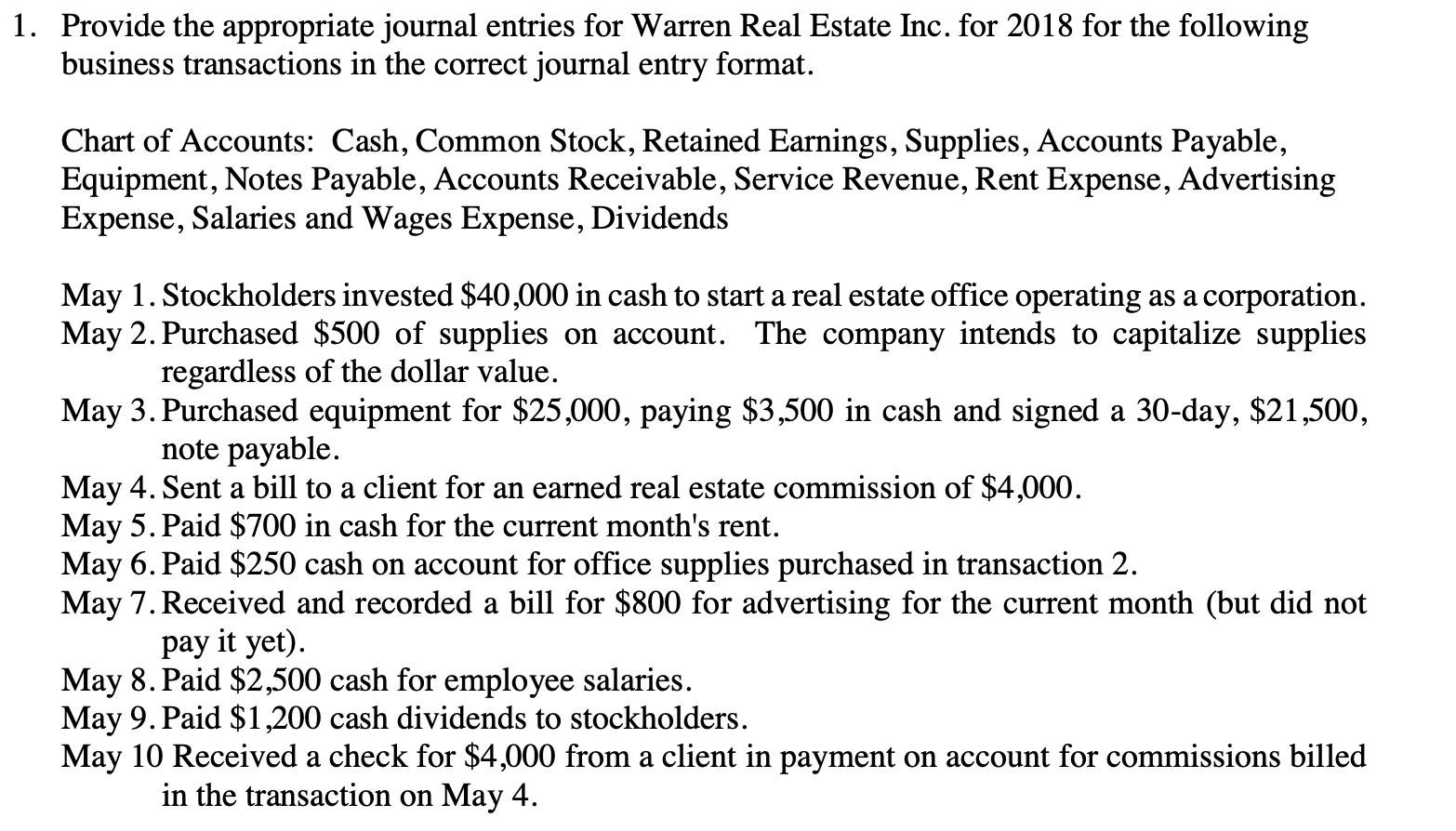 1. Provide the appropriate journal entries for Warren Real Estate Inc. for 2018 for the following business