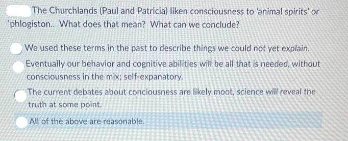 The Churchlands (Paul and Patricia) liken consciousness to 'animal spirits' or 'phlogiston.. What does that