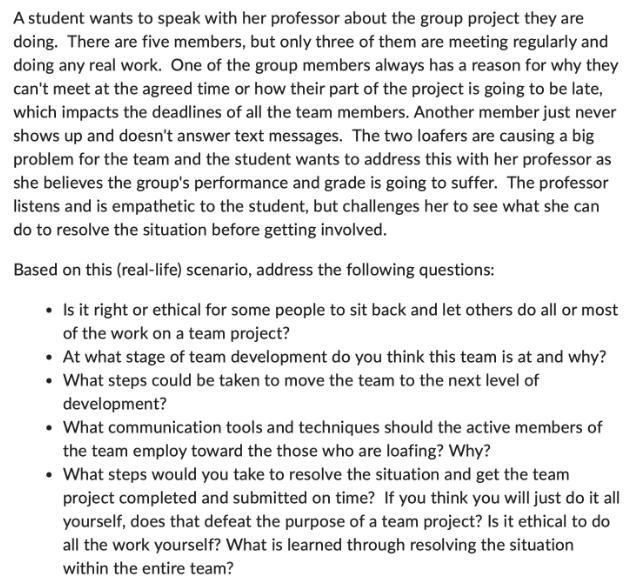 A student wants to speak with her professor about the group project they are doing. There are five members,