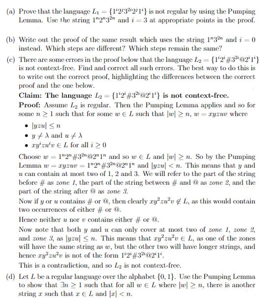 (a) Prove that the language L = {12/322/1} is not regular by using the Pumping Lemma. Use the string 1