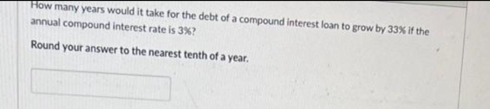 How many years would it take for the debt of a compound interest loan to grow by 33% if the annual compound