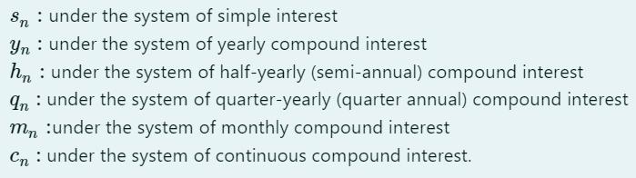Sn: under the system of simple interest Yn under the system of yearly compound interest hn under the system