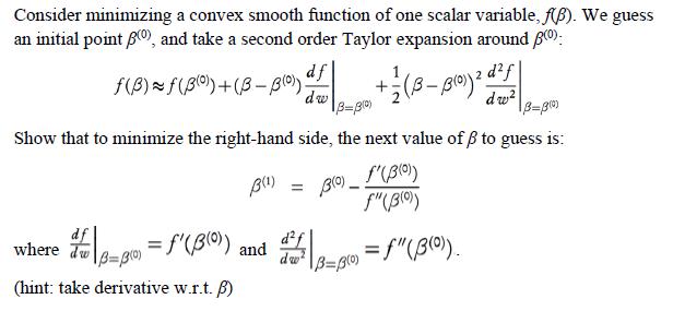 Consider minimizing a convex smooth function of one scalar variable, f). We guess an initial point (0), and