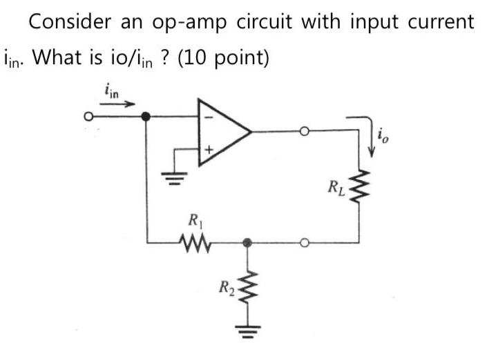 Consider an op-amp circuit with input current iin. What is io/iin? (10 point) + R ww R RL