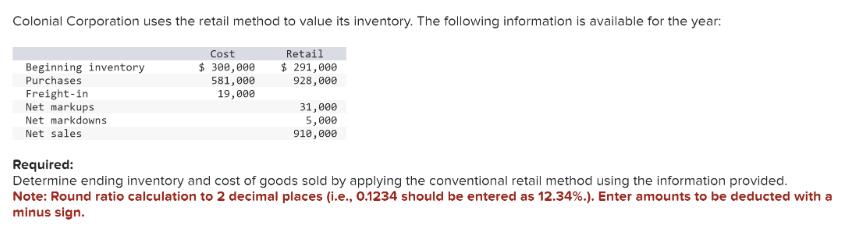 Colonial Corporation uses the retail method to value its inventory. The following information is available