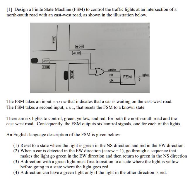 [1] Design a Finite State Machine (FSM) to control the traffic lights at an intersection of a north-south