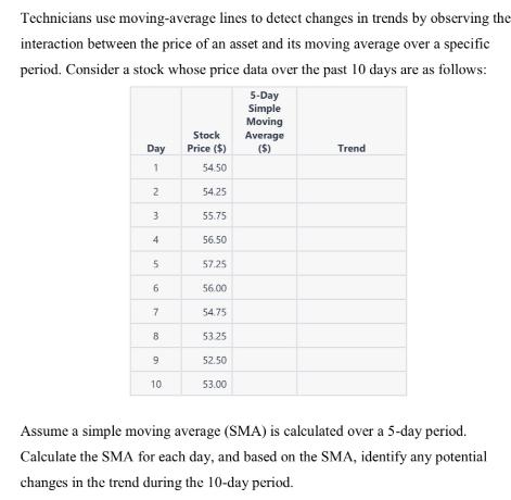 Technicians use moving-average lines to detect changes in trends by observing the interaction between the