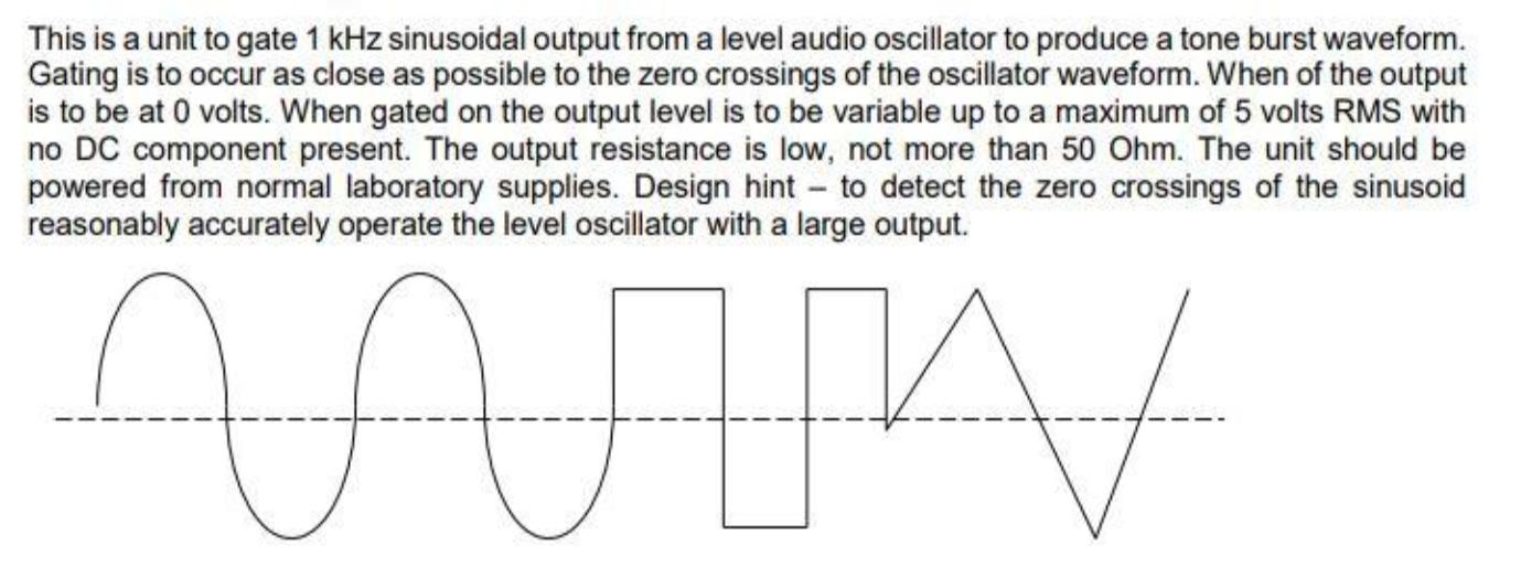 This is a unit to gate 1 kHz sinusoidal output from a level audio oscillator to produce a tone burst