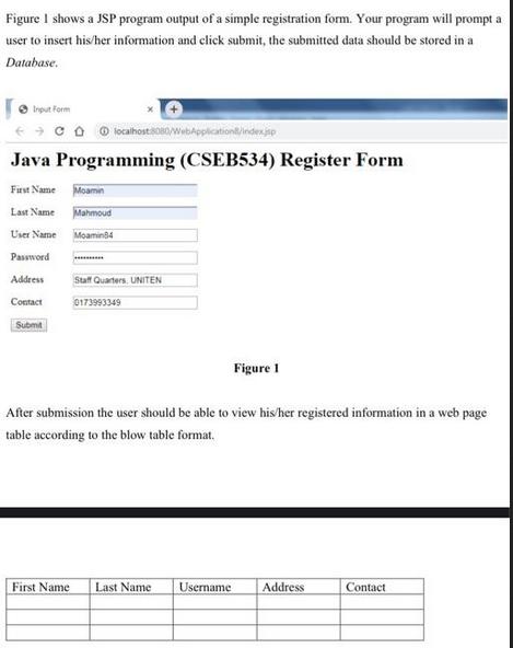 Figure I shows a JSP program output of a simple registration form. Your program will prompt a user to insert