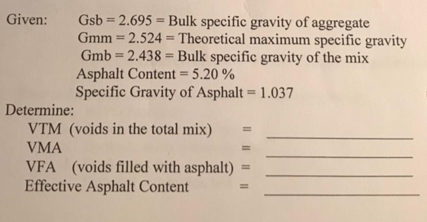 Given: Gsb = 2.695 = Bulk specific gravity of aggregate Determine: Gmm = 2.524 = Theoretical maximum specific