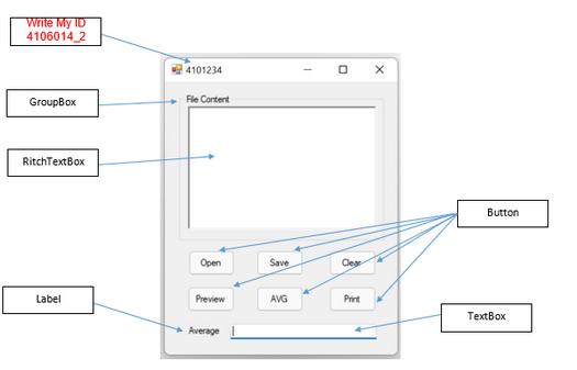 Write My ID 4106014 2 GroupBox RitchTextBox Label 4101234 FleContent Open Preview Average Save AVG O Clear