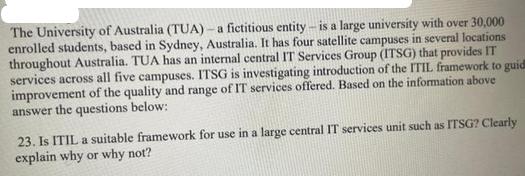 The University of Australia (TUA)-a fictitious entity- is a large university with over 30,000 enrolled