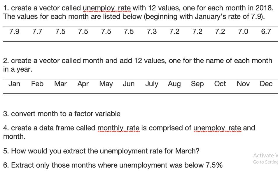 1. create a vector called unemploy rate with 12 values, one for each month in 2018. The values for each month