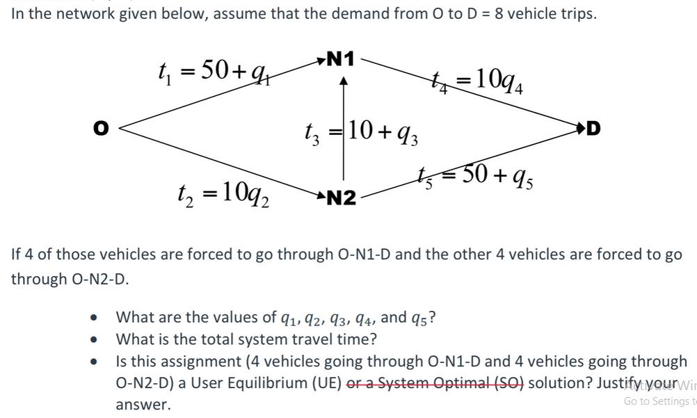 In the network given below, assume that the demand from O to D = 8 vehicle trips.   t = 50+g+  N1 t = 10+93 t