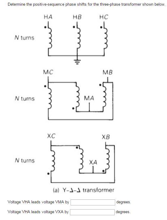 Determine the positive-sequence phase shifts for the three-phase transformer shown below. N turns N turns N
