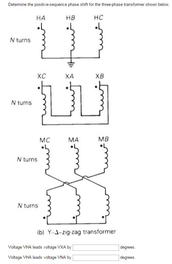 Determine the positive-sequence phase shift for the three-phase transformer shown below. N turns N turns HA