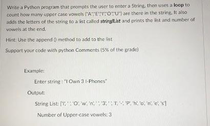 Write a Python program that prompts the user to enter a String, then uses a loop to count how many upper case