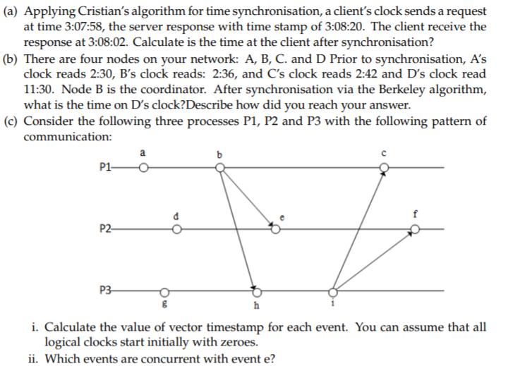 (a) Applying Cristian's algorithm for time synchronisation, a client's clock sends a request at time 3:07:58,