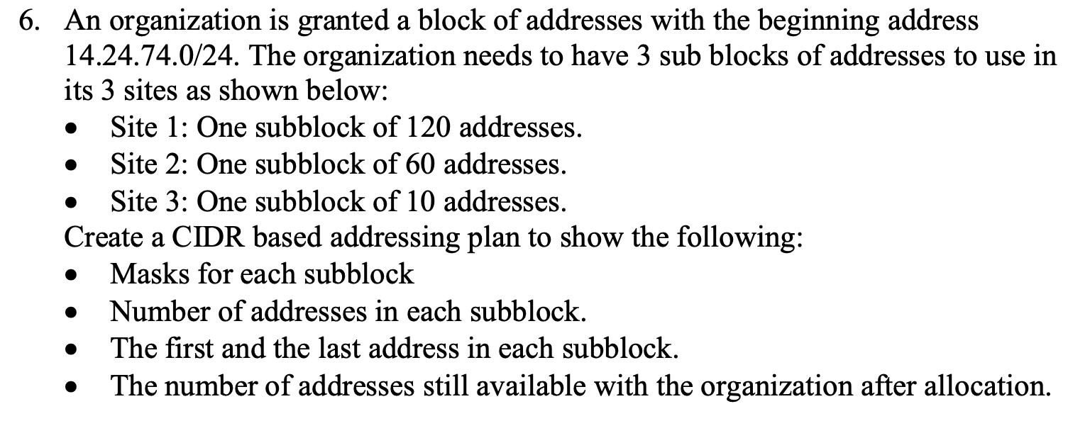 6. An organization is granted a block of addresses with the beginning address 14.24.74.0/24. The organization