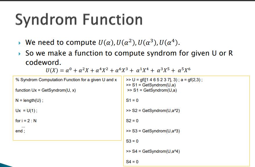 Syndrom Function  We need to compute U(a), U(a), U(a), U(a).  So we make a function to compute syndrom for