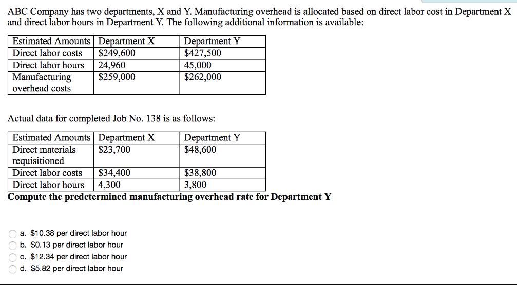 ABC Company has two departments, X and Y. Manufacturing overhead is allocated based on direct labor cost in