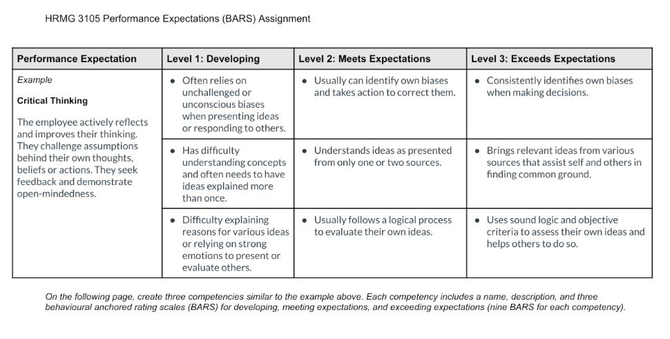HRMG 3105 Performance Expectations (BARS) Assignment Performance Expectation Example Critical Thinking The