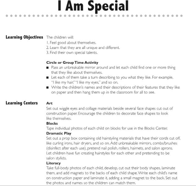 I Am Special Learning Objectives The children will: Learning Centers 1. Feel good about themselves. 2. Learn