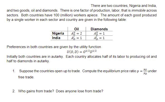 There are two countries, Nigeria and India, and two goods, oil and diamonds. There is one factor of