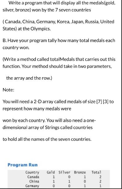 Write a program that will display all the medals(gold, silver, bronze) won by the 7 seven countries (Canada,