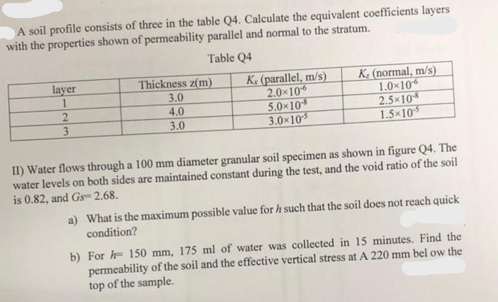 A soil profile consists of three in the table Q4. Calculate the equivalent coefficients layers with the