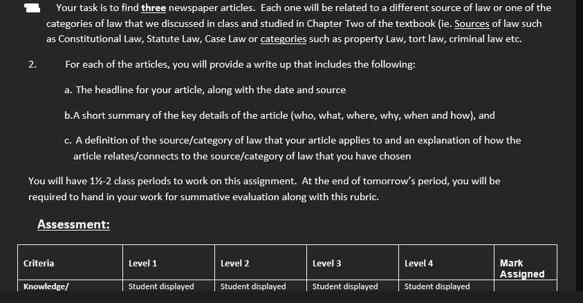 2. Your task is to find three newspaper articles. Each one will be related to a different source of law or