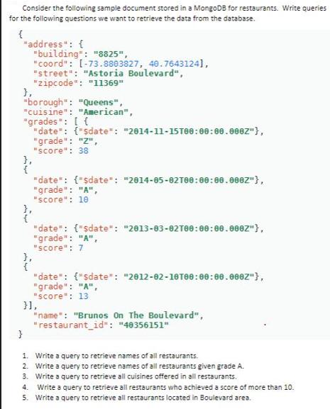 Consider the following sample document stored in a MongoDB for restaurants. Write queries for the following