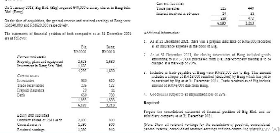 On 1 January 2018, Big Bhd. (Big) acquired 640,000 ordinary shares in Bang Sdn. Bhd. (Bang). On the date of