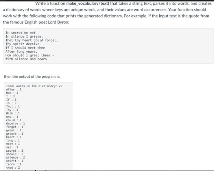 Write a function make_vocabulary (text) that takes a string text, parses it into words, and creates a