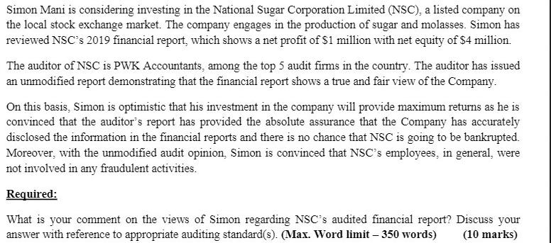 Simon Mani is considering investing in the National Sugar Corporation Limited (NSC), a listed company on the