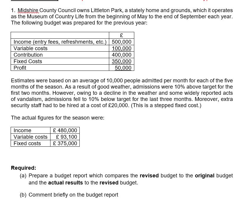 1. Midshire County Council owns Littleton Park, a stately home and grounds, which it operates as the Museum