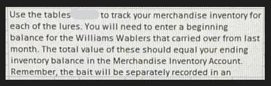 Use the tables to track your merchandise inventory for each of the lures. You will need to enter a beginning