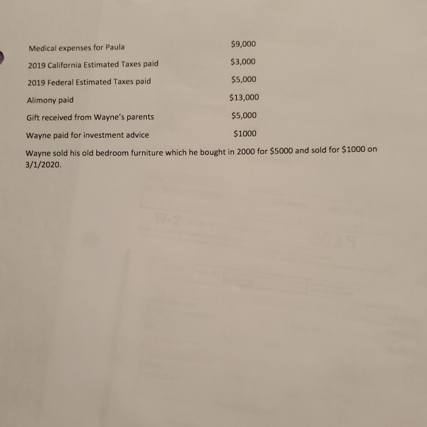 Medical expenses for Paula $9,000 2019 California Estimated Taxes paid $3,000 2019 Federal Estimated Taxes