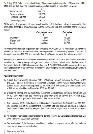 On 1 July 2017 Salah Lid acquired 100% of the share capital (cum div.) of Robertson Lld for $440,000. At that