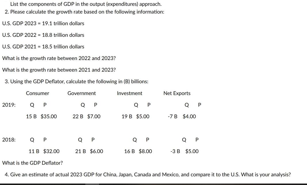 List the components of GDP in the output (expenditures) approach. 2. Please calculate the growth rate based