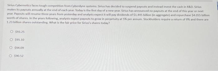 Sirius Cybernetics faces tough competition from Cyberdyne systems. Sirius has decided to suspend payouts and