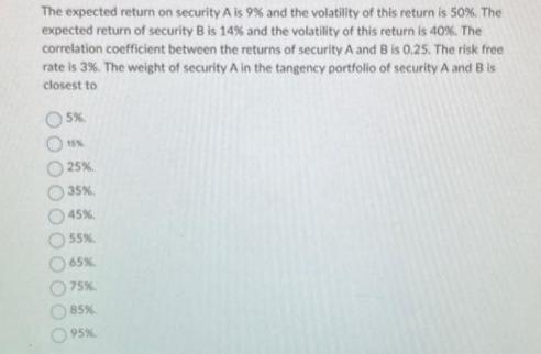 The expected return on security A is 9% and the volatility of this return is 50%. The expected return of