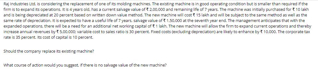 Raj Industries Ltd. is considering the replacement of one of its molding machines. The existing machine is in