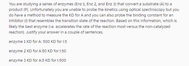 You are studying a series of enzymes (Enz 1, Enz 2, and Enz 3) that convert a substrate (A) to a product (P).